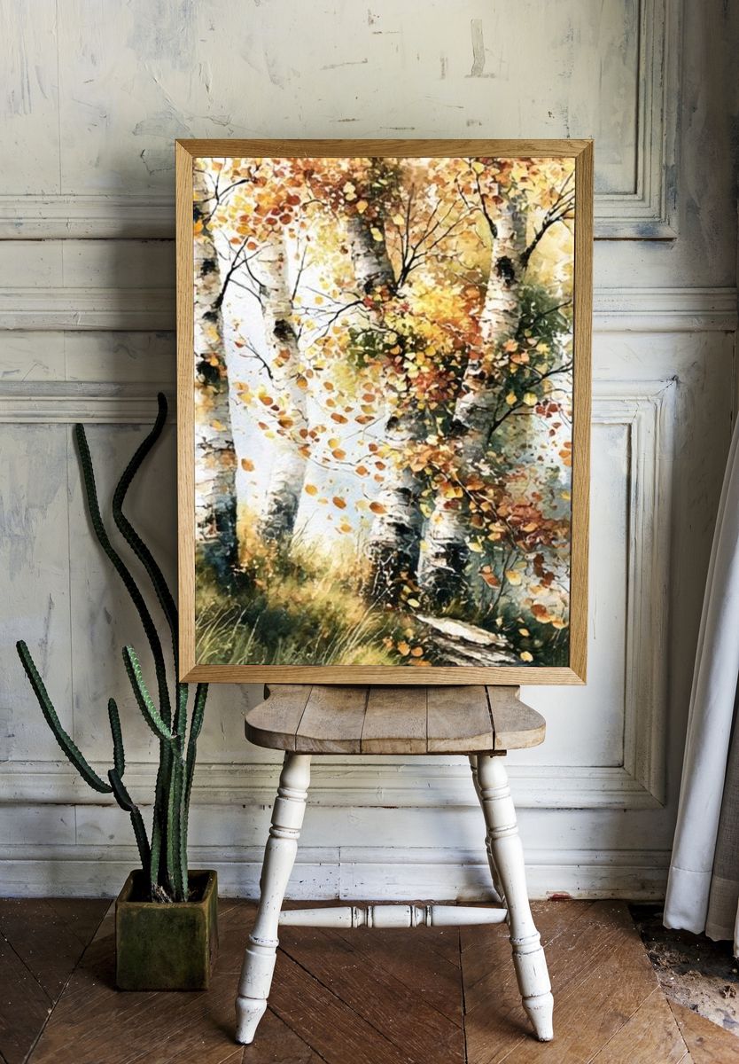 Autumn Birch Forest Watercolor Poster. — room view 1
