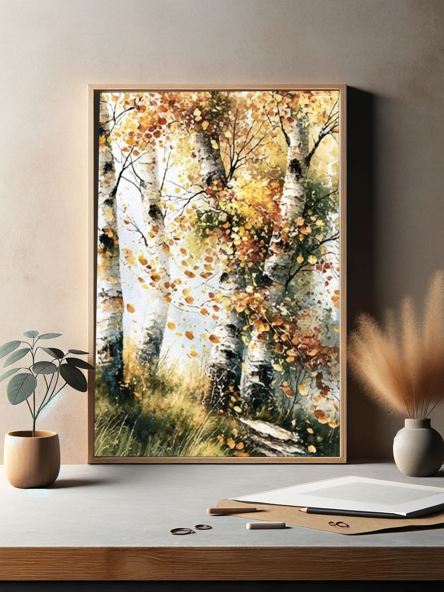 Autumn Birch Forest Watercolor Poster. — room view 2