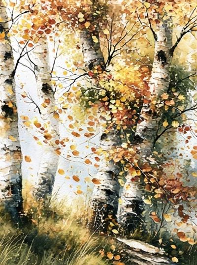 Autumn Birch Forest Watercolor Poster.