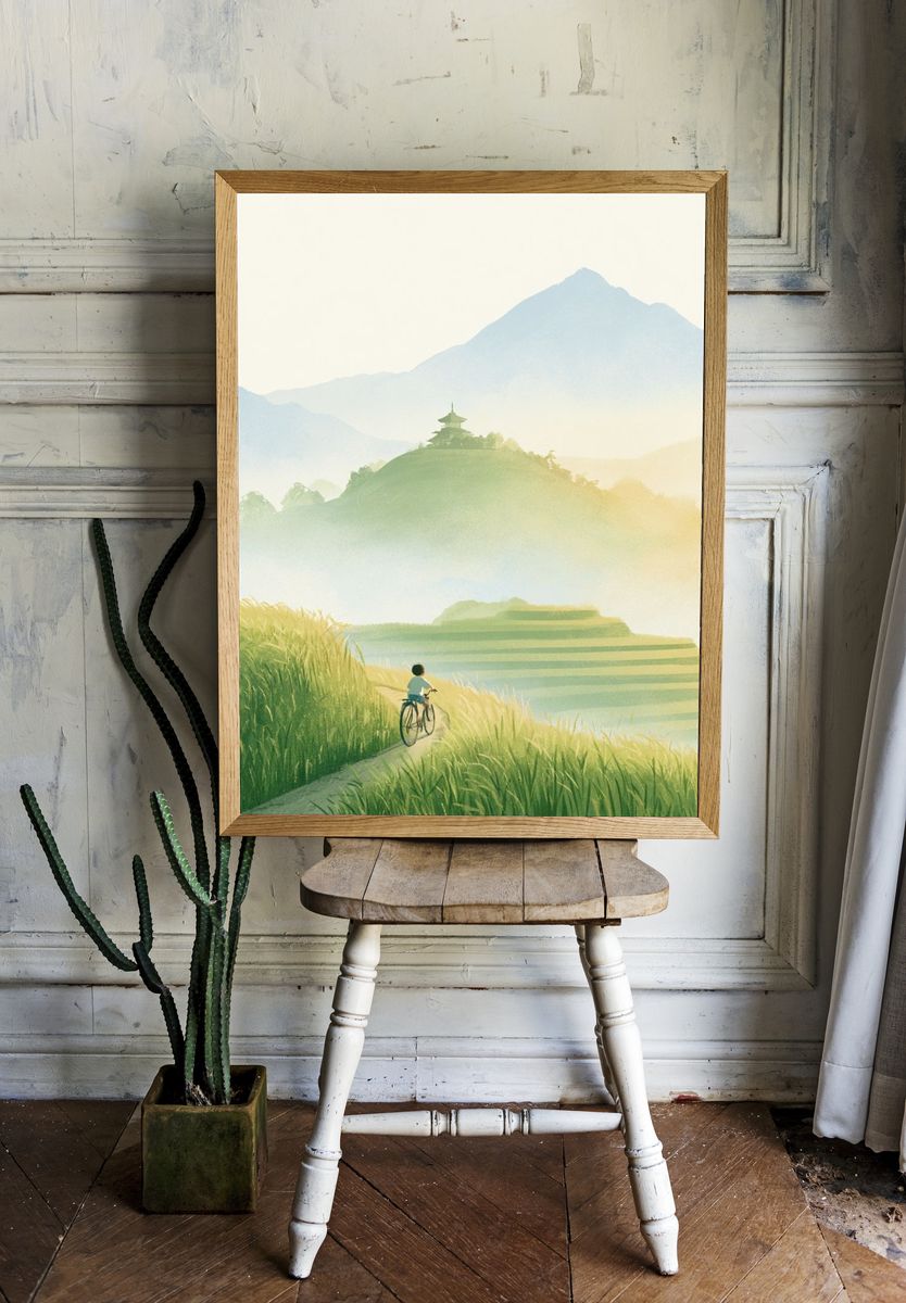 Misty Mountain Bicycle Landscape Poster. room preview