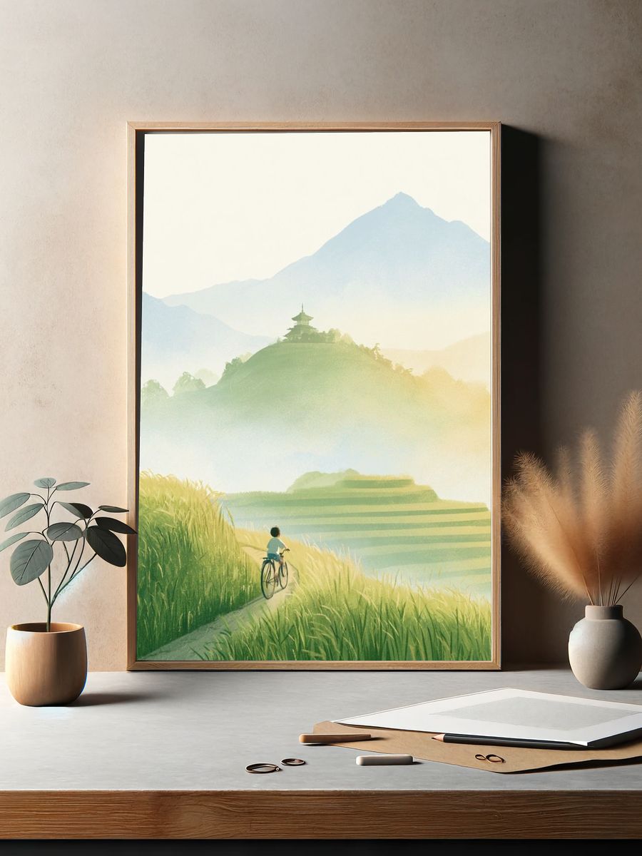 Misty Mountain Bicycle Landscape Poster. — room view 2