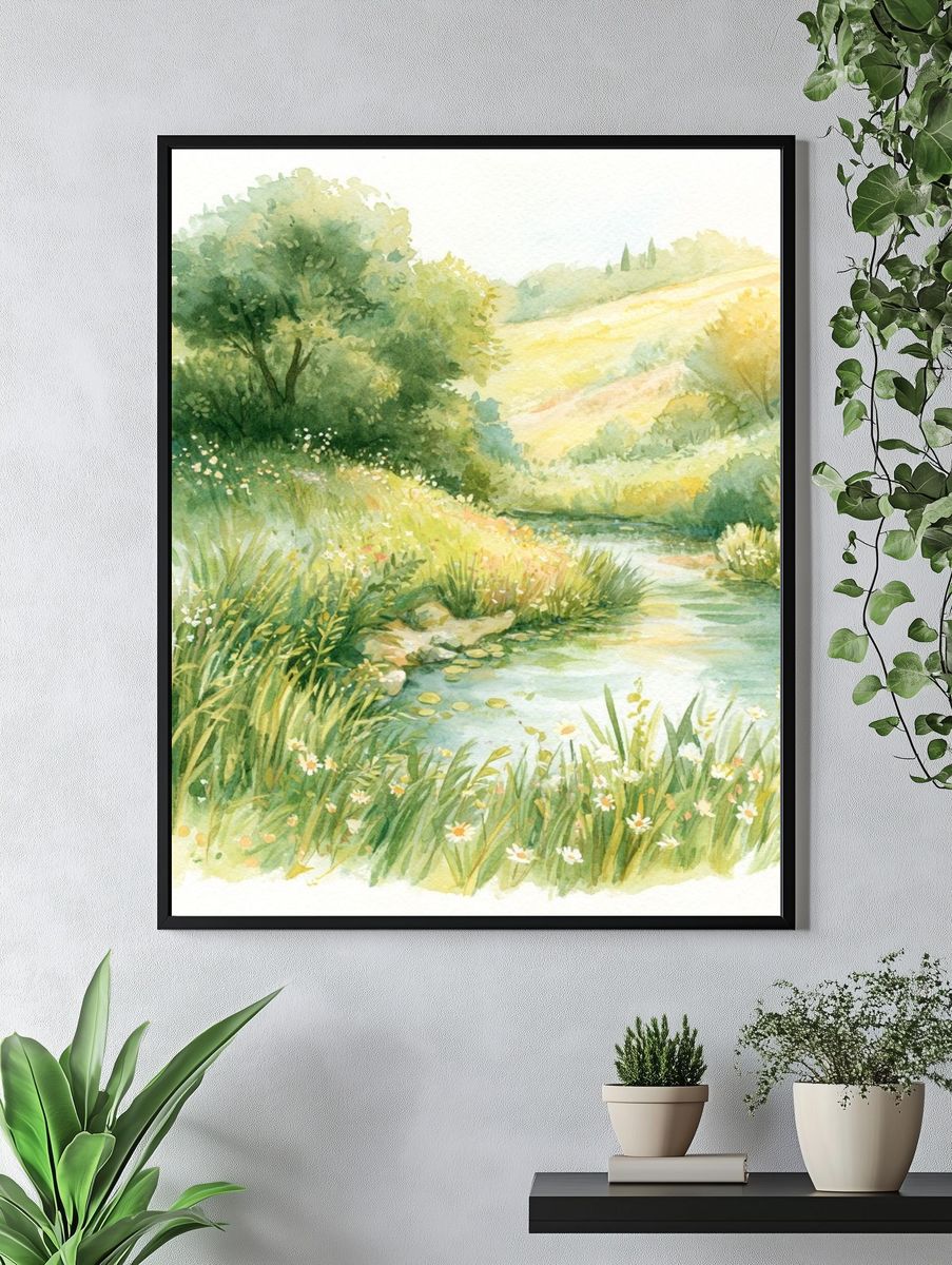 Sunlit Meadow Stream Watercolor Print. — room view 4