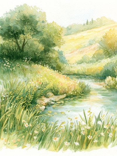 Sunlit Meadow Stream Watercolor Print.