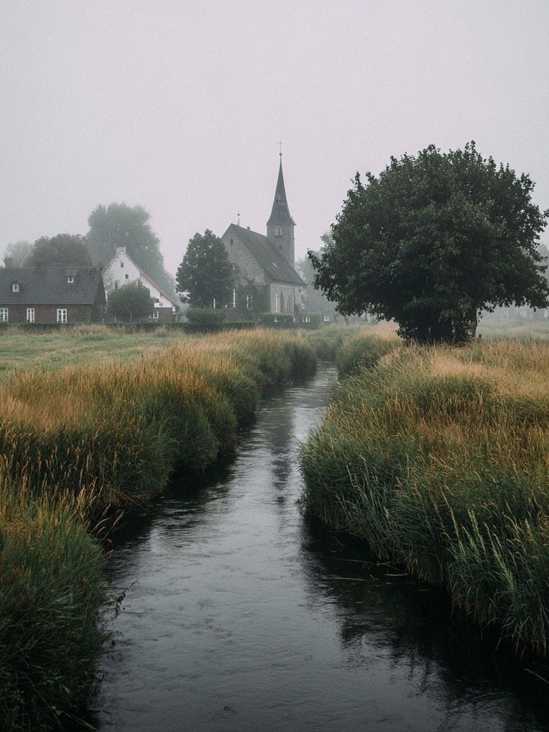 Misty Village Church Landscape Poster. poster — nature art