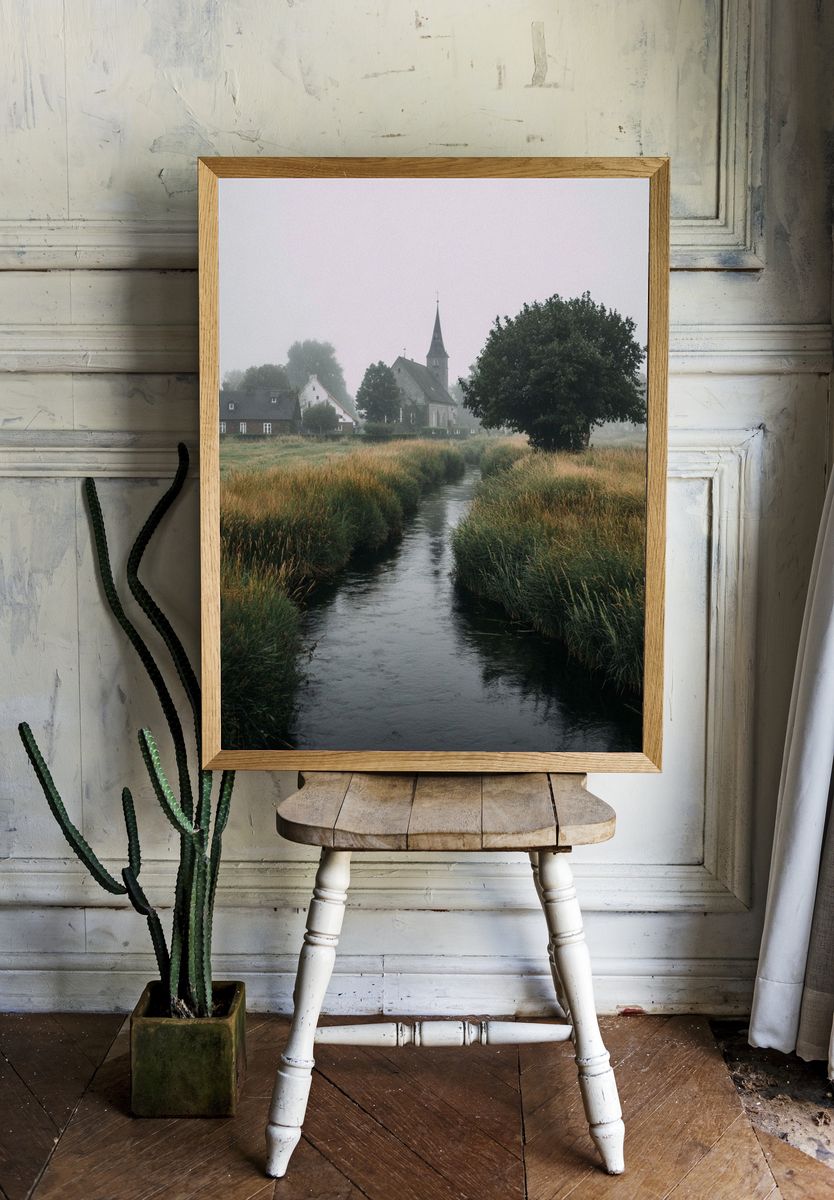 Misty Village Church Landscape Poster. — room view 1