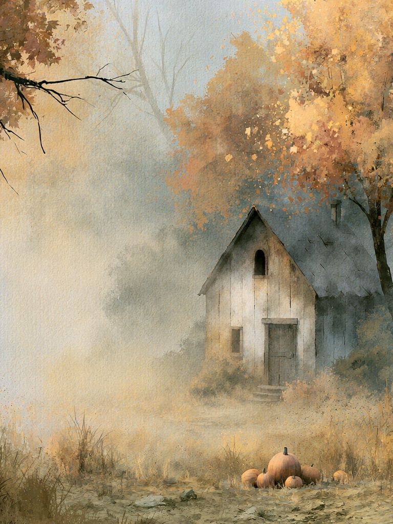 Autumn Cottage Landscape Print. poster detail