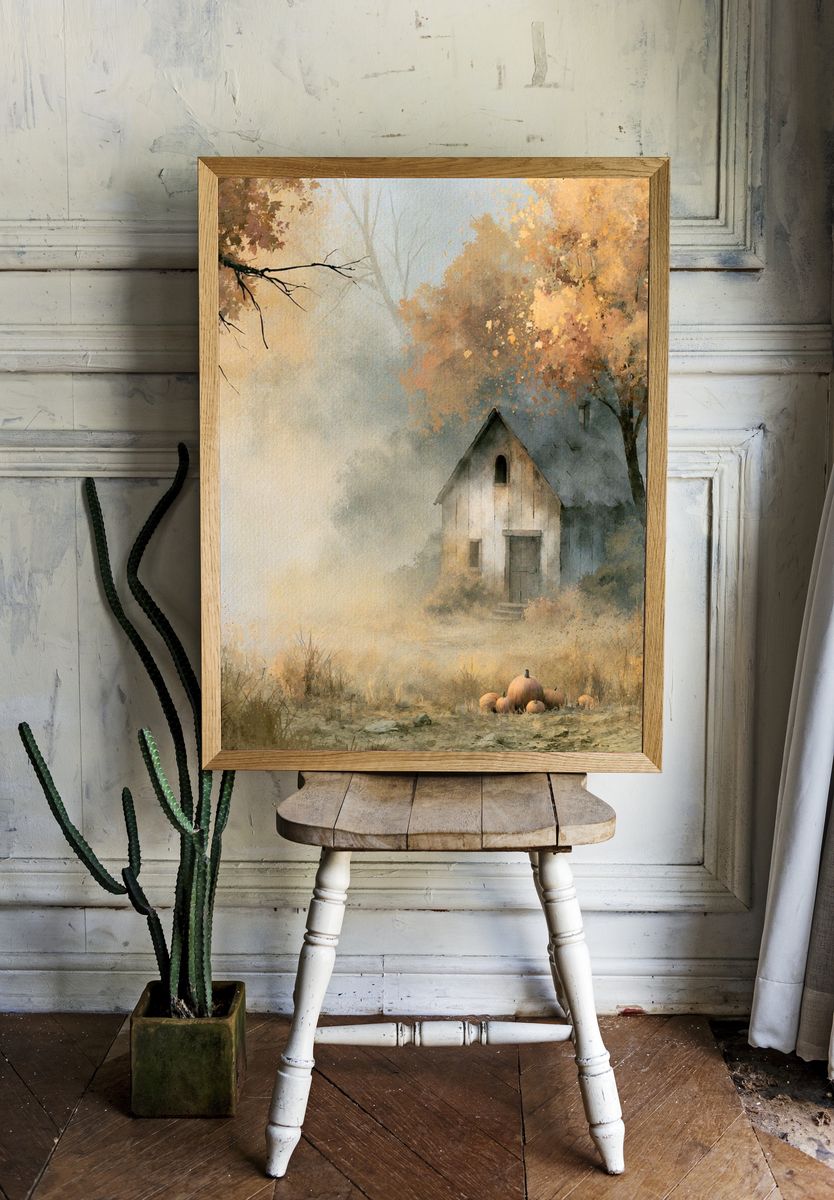Autumn Cottage Landscape Print. room preview