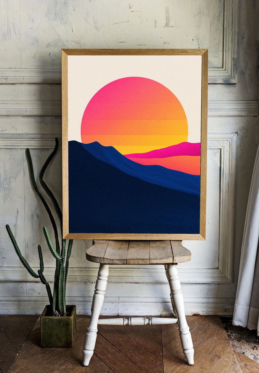 Neon Sunset Landscape Poster. room preview