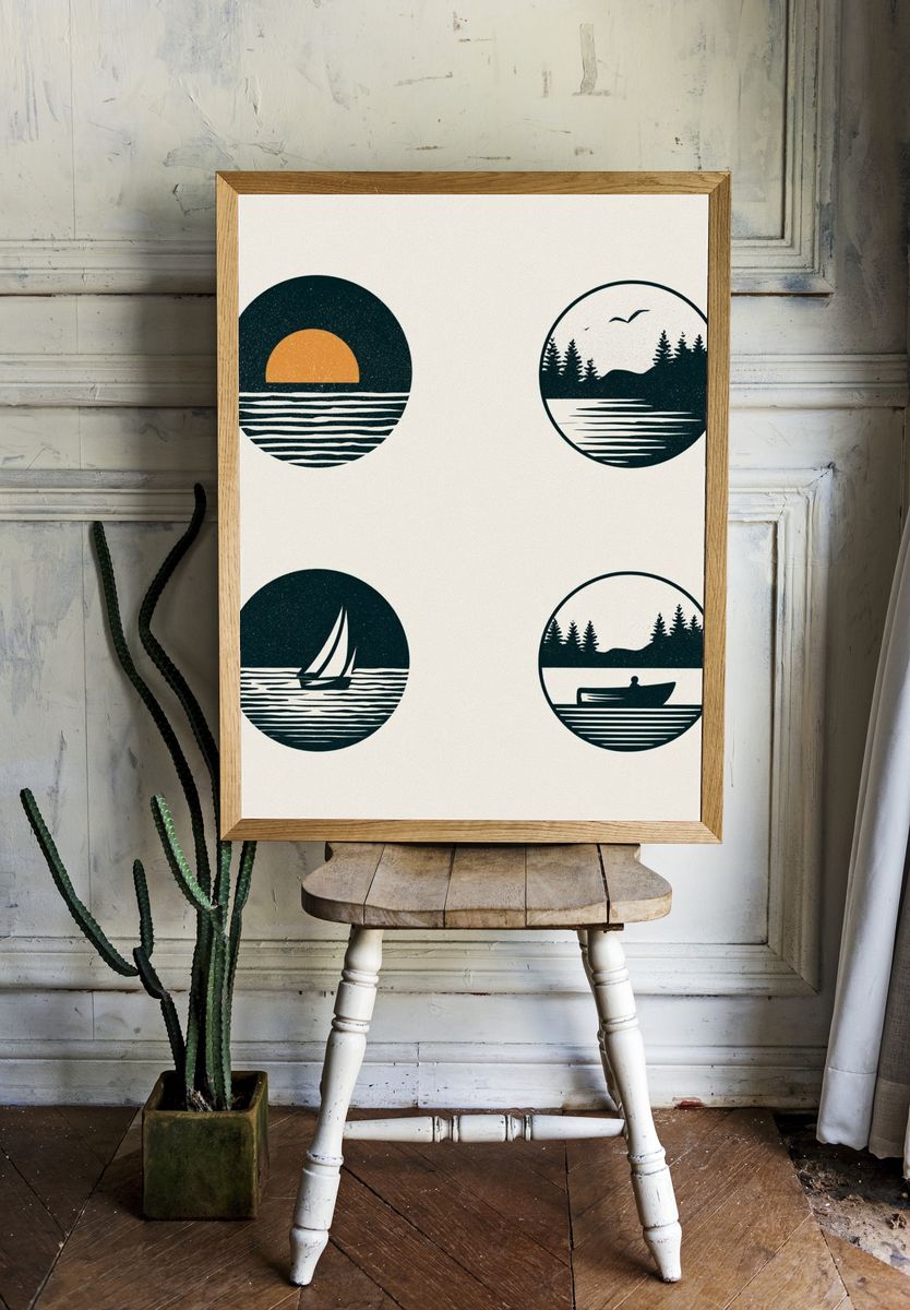 Lake Sunset Minimalist Print. room preview