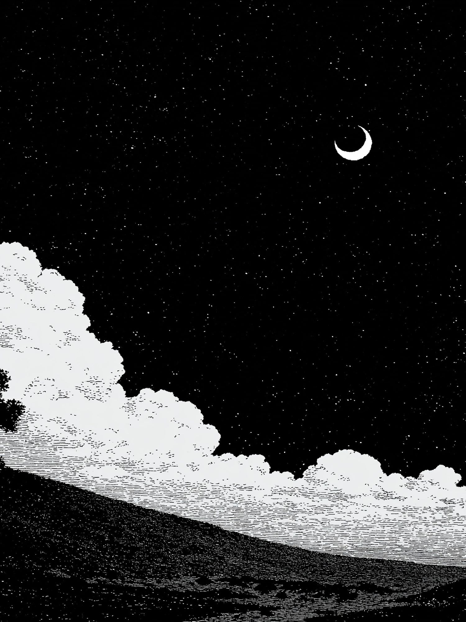 Moonlit Landscape Black-White Print. poster detail