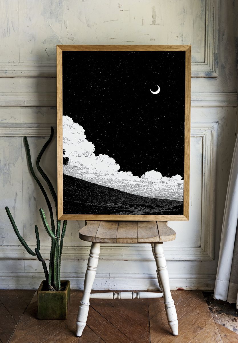Moonlit Landscape Black-White Print. — room view 1