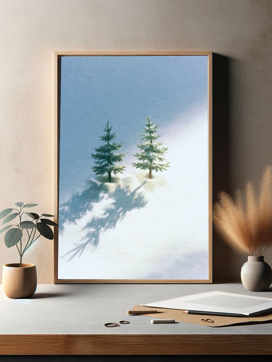 Snowy Pines Watercolor Print. — room view 2