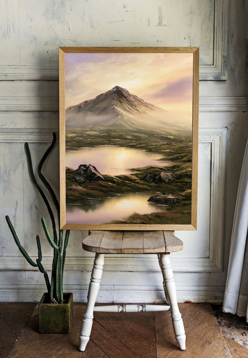 Misty Mountain Lake Landscape Print. — room view 1
