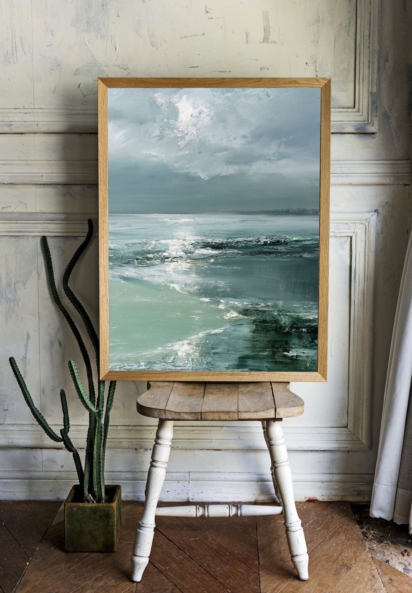 Misty Seascape Contemporary Print. room preview