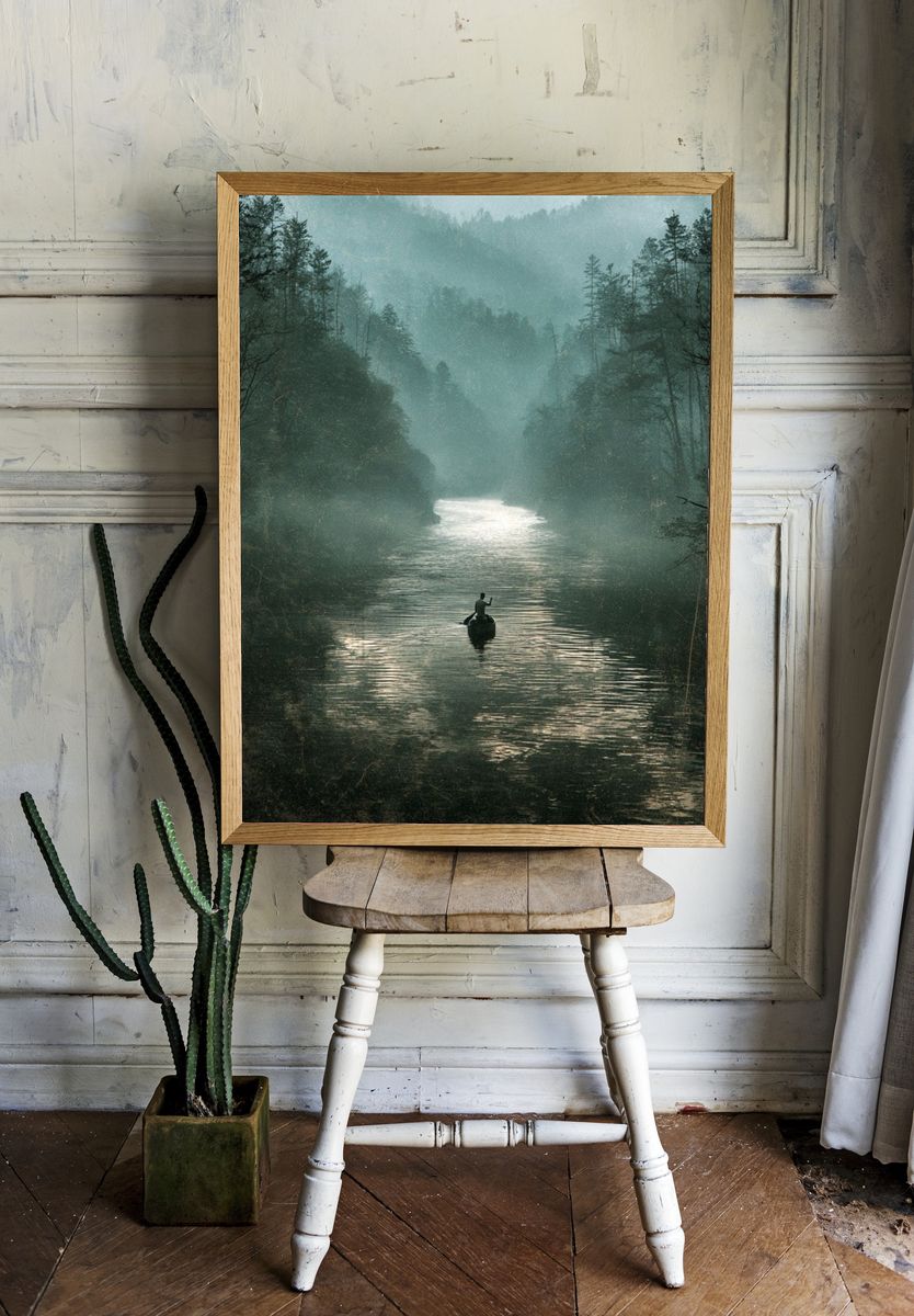 Misty River Canoe Landscape Print. — room view 1