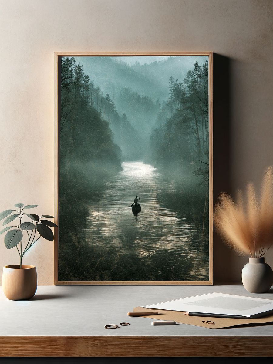 Misty River Canoe Landscape Print. — room view 2