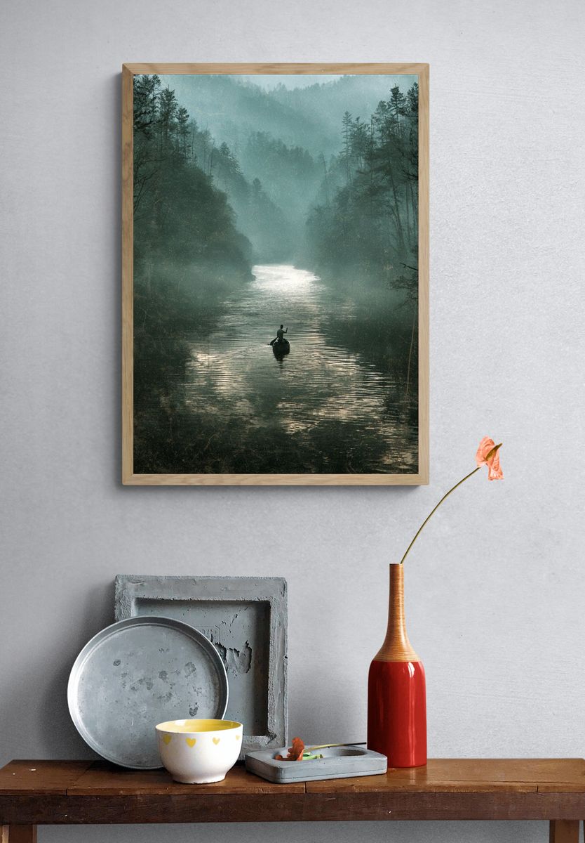 Misty River Canoe Landscape Print. — room view 3