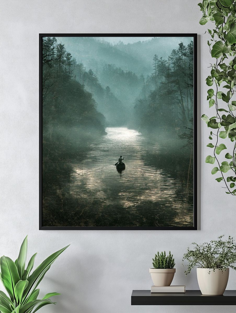 Misty River Canoe Landscape Print. — room view 4