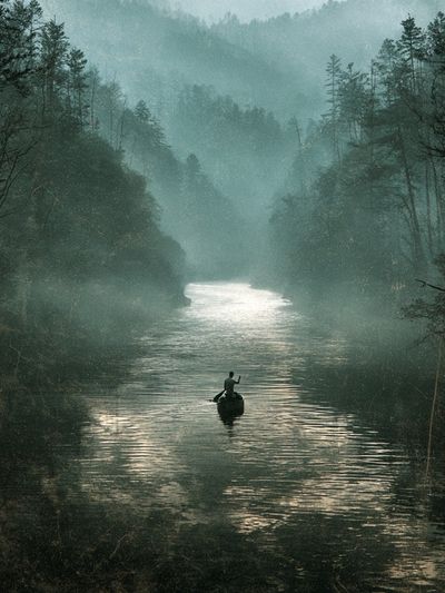 Misty River Canoe Landscape Print. poster