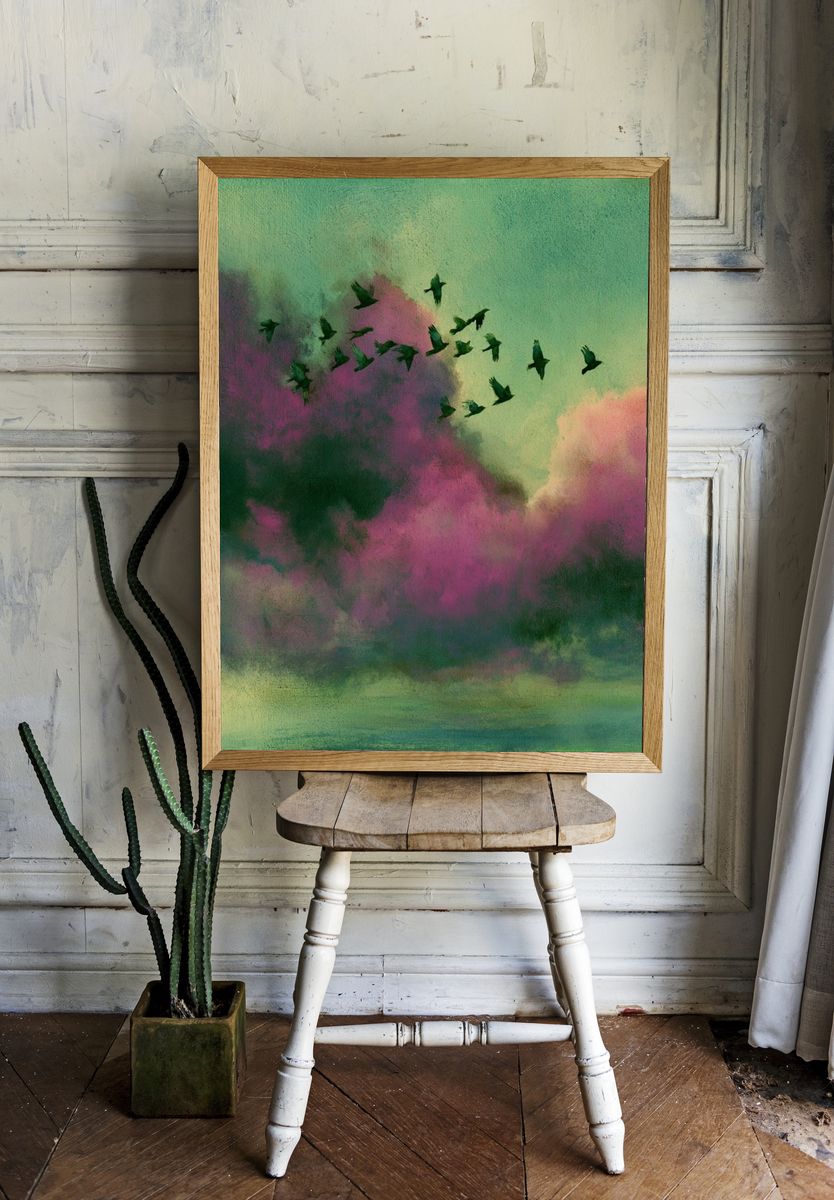Birds Over Dreamy Clouds Print. — room view 1