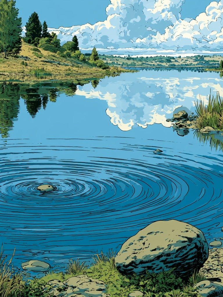 Serene Lake Reflection Illustration Poster. poster detail