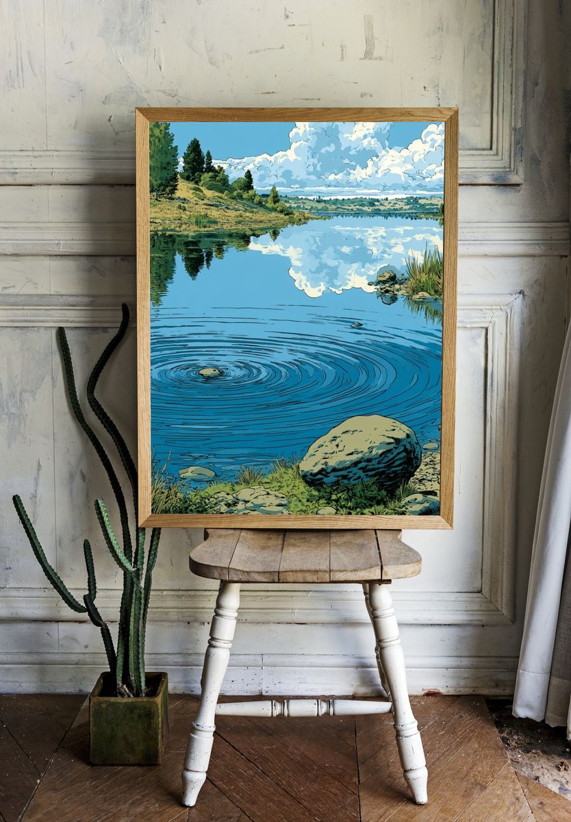 Serene Lake Reflection Illustration Poster. — room view 1