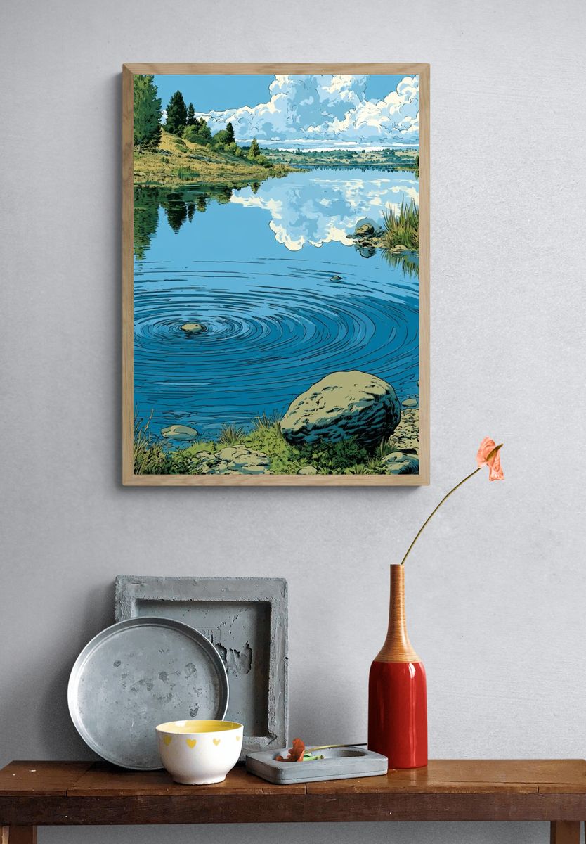 Serene Lake Reflection Illustration Poster. — room view 3