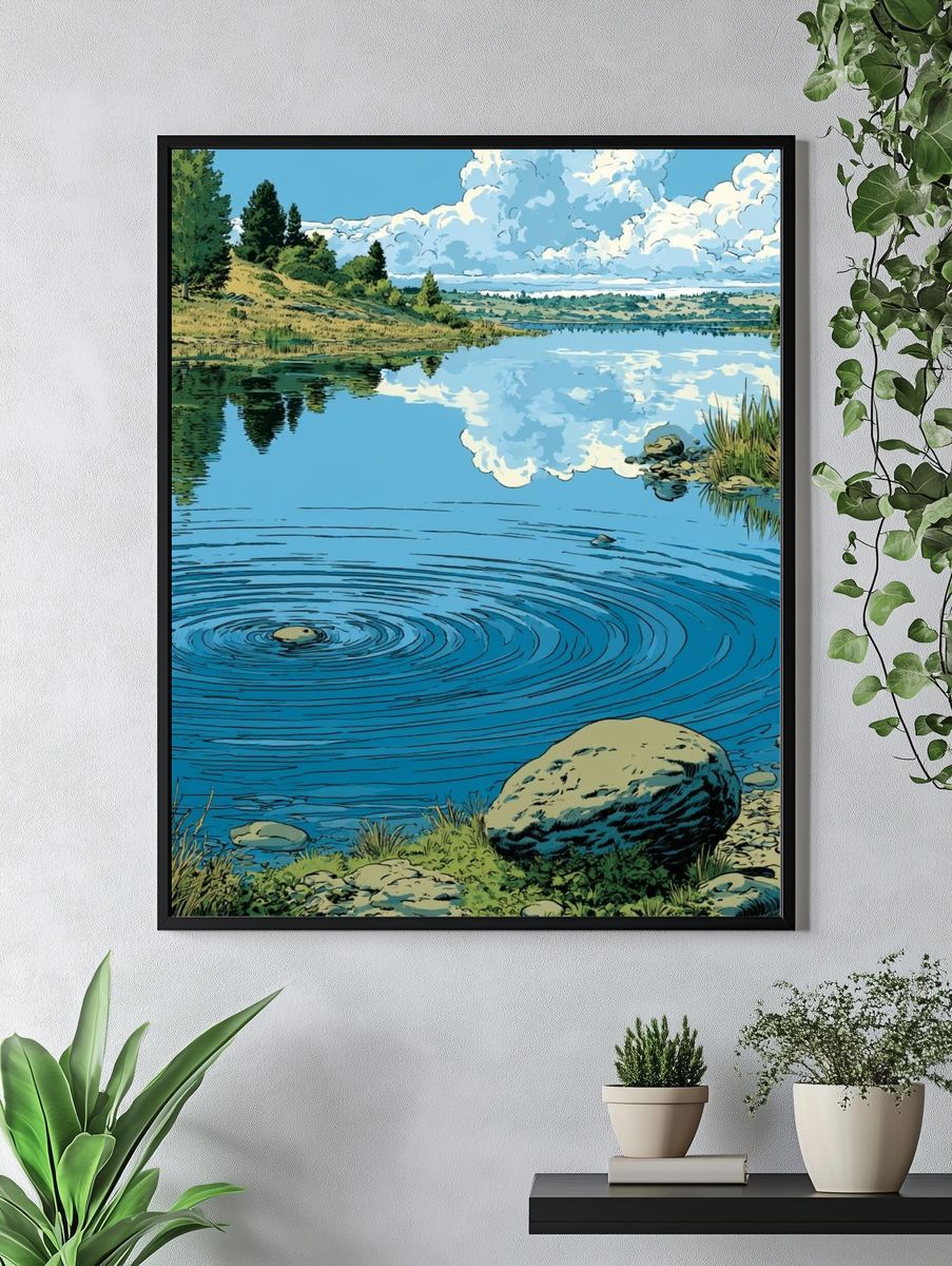 Serene Lake Reflection Illustration Poster. — room view 4