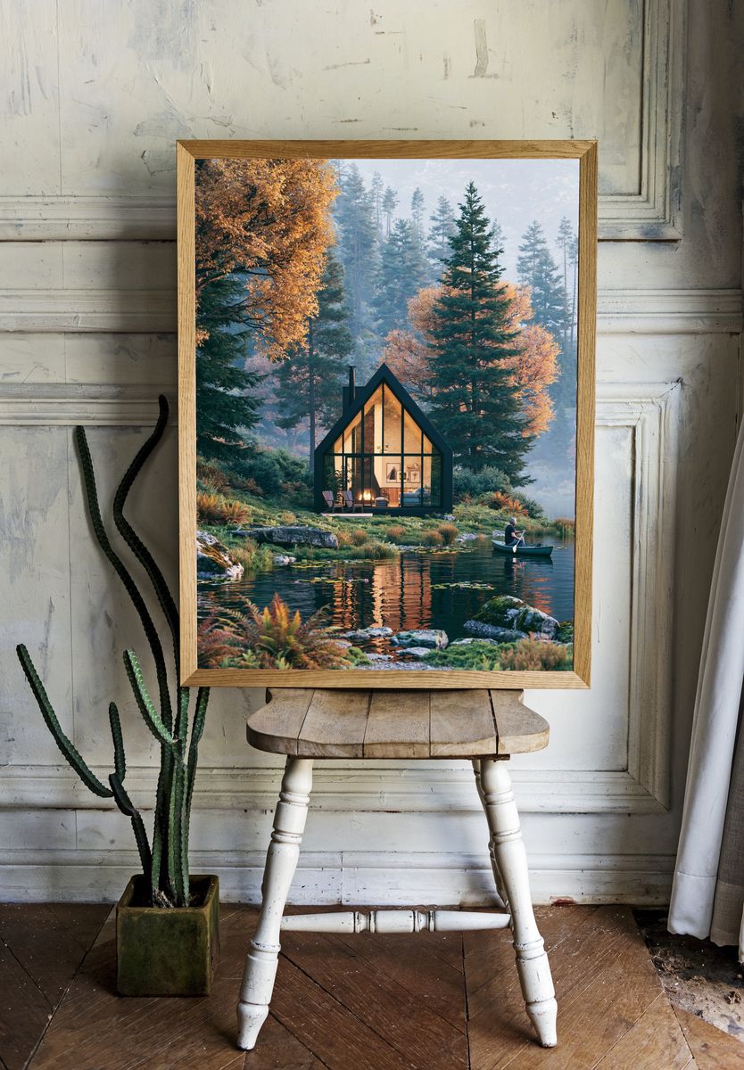 Lakeside Cabin Forest Poster. — room view 1