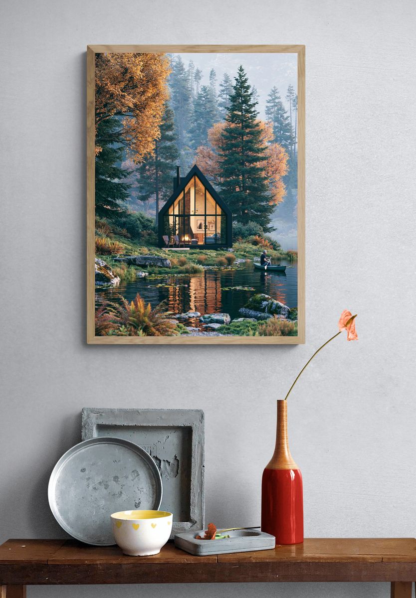 Lakeside Cabin Forest Poster. — room view 3