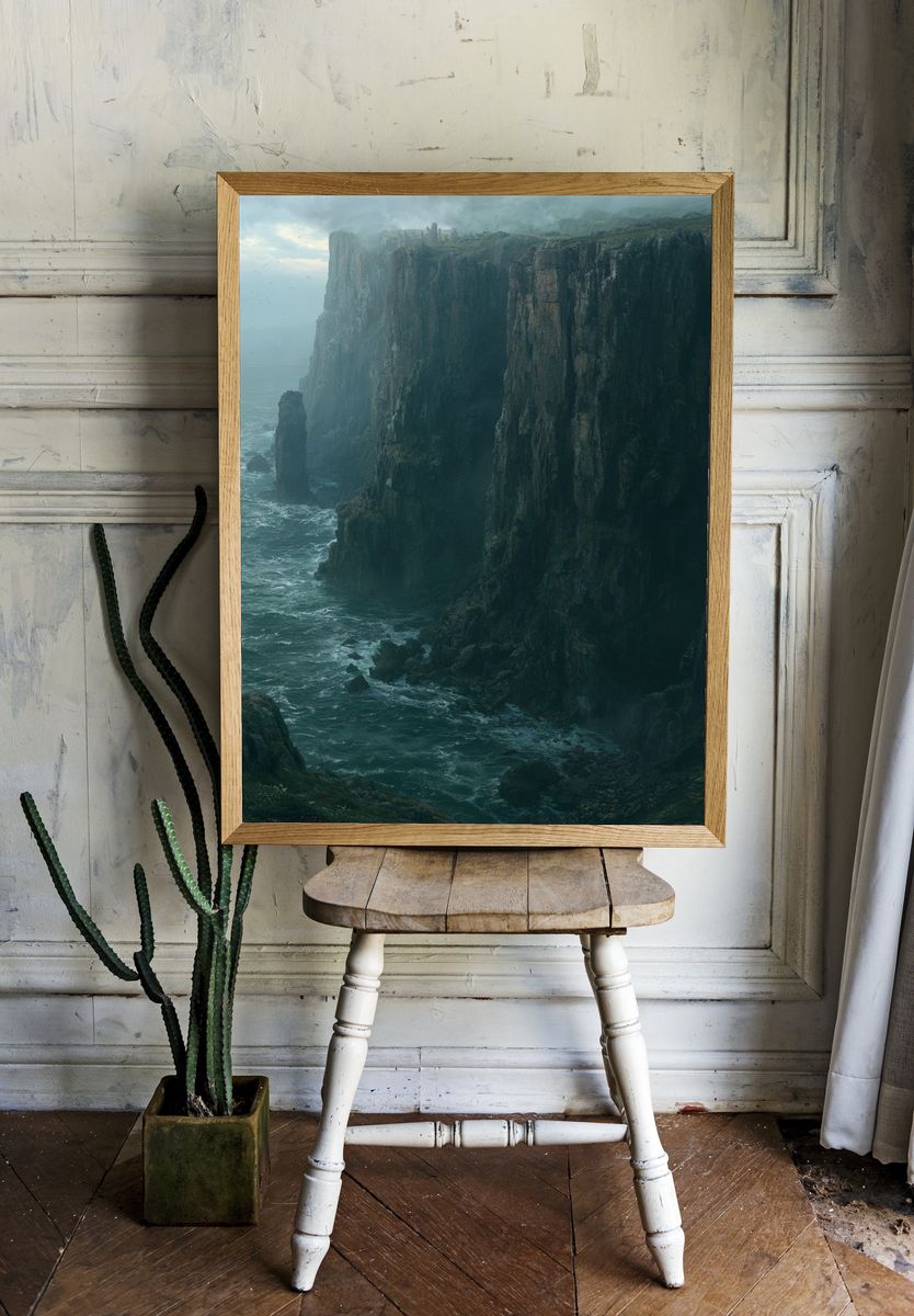 Misty Sea Cliffs Landscape Poster. — room view 1