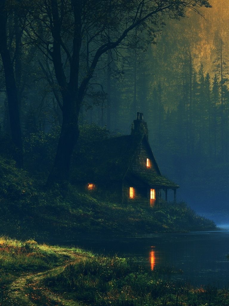 Moonlit Forest Cabin Poster. poster — nature art