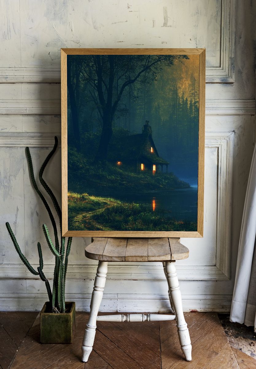 Moonlit Forest Cabin Poster. — room view 1
