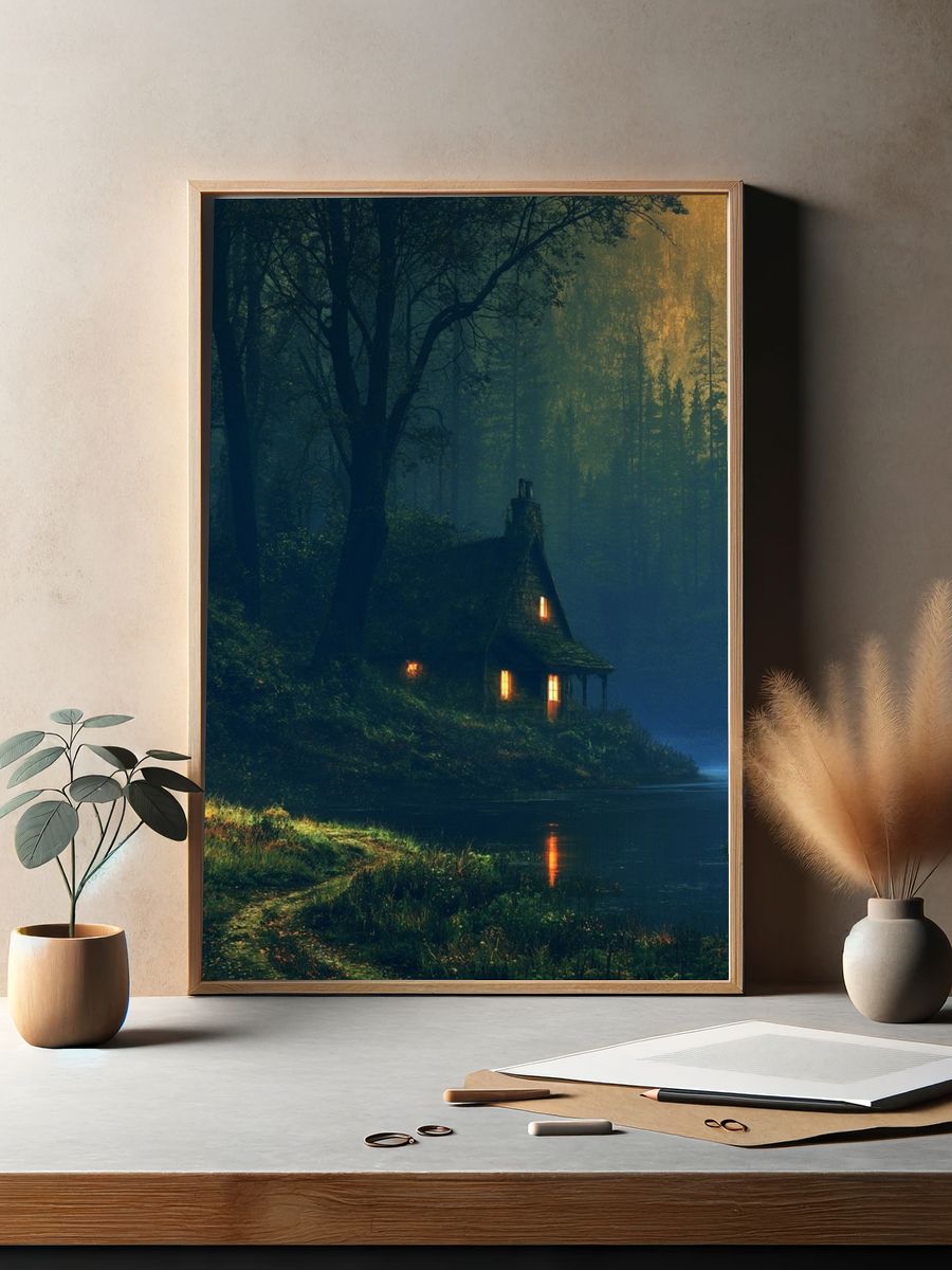 Moonlit Forest Cabin Poster. — room view 2