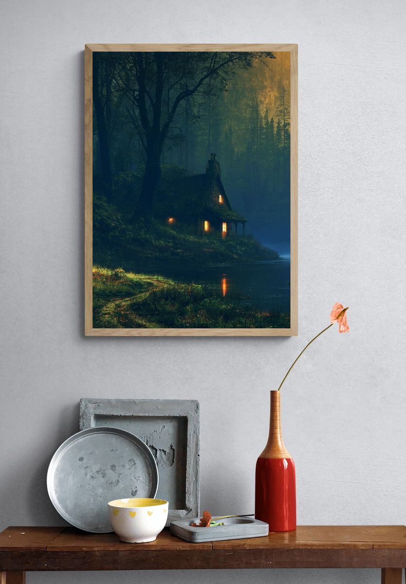 Moonlit Forest Cabin Poster. — room view 3