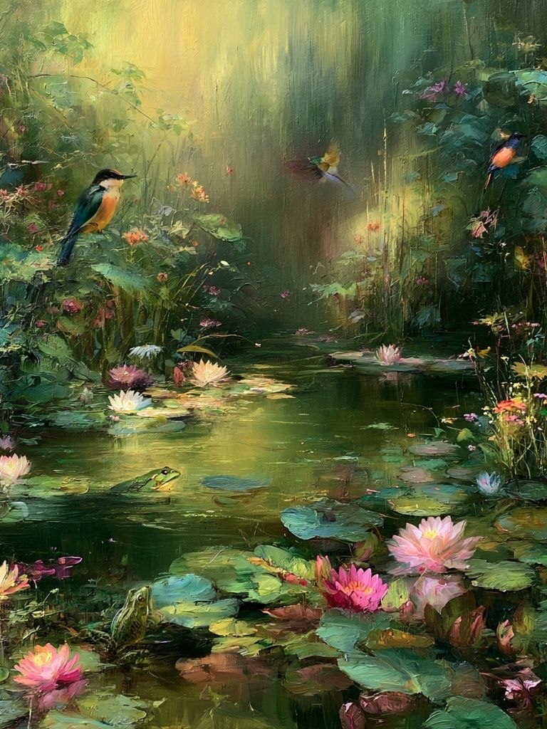 Enchanted Lily Pond Birds Print. poster detail