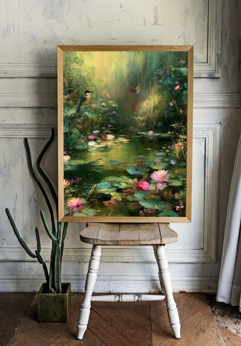 Enchanted Lily Pond Birds Print. — room view 1