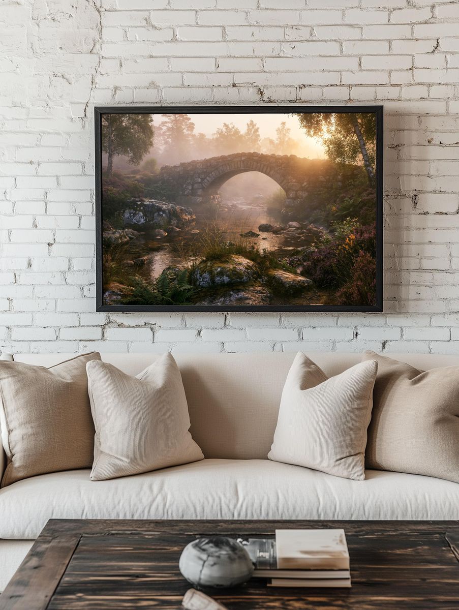 Misty Stone Bridge Forest Poster. — room view 1