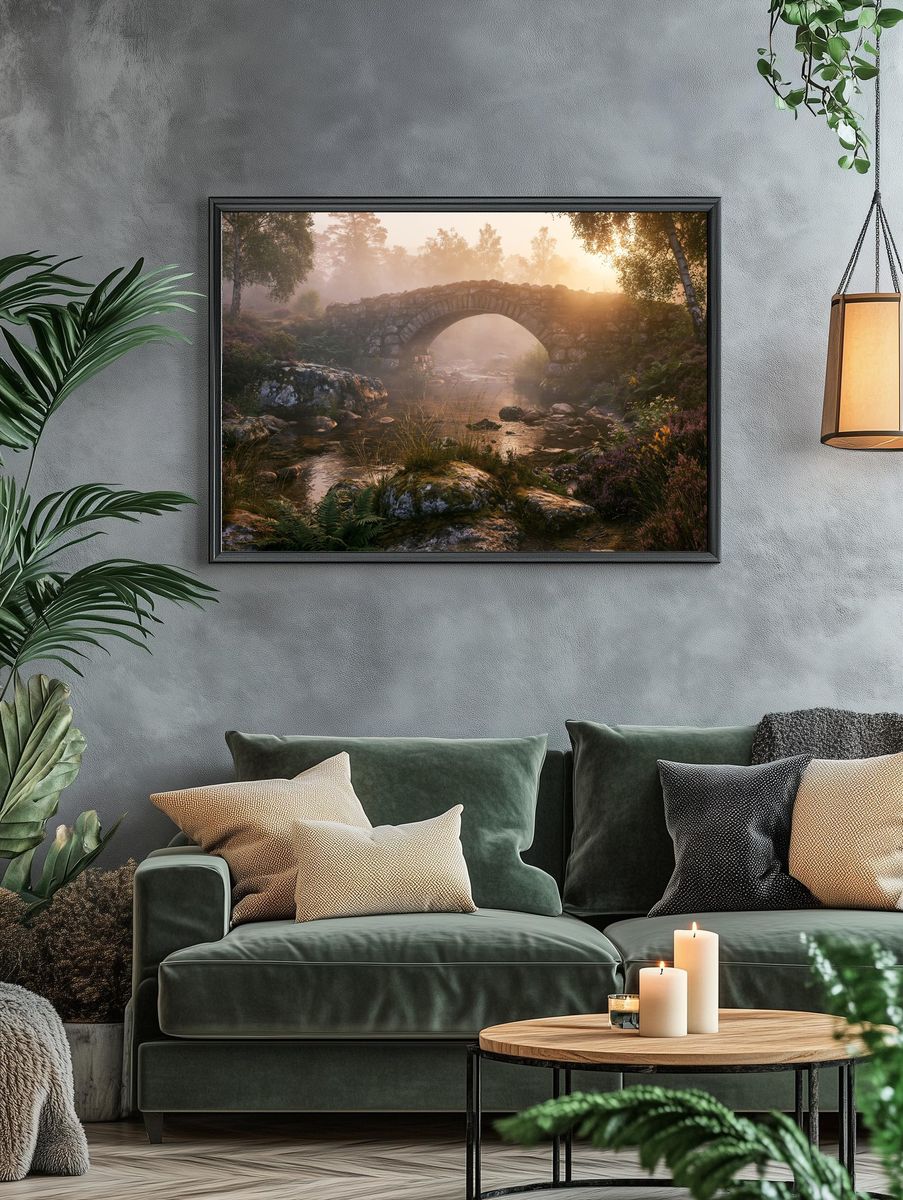 Misty Stone Bridge Forest Poster. — room view 4