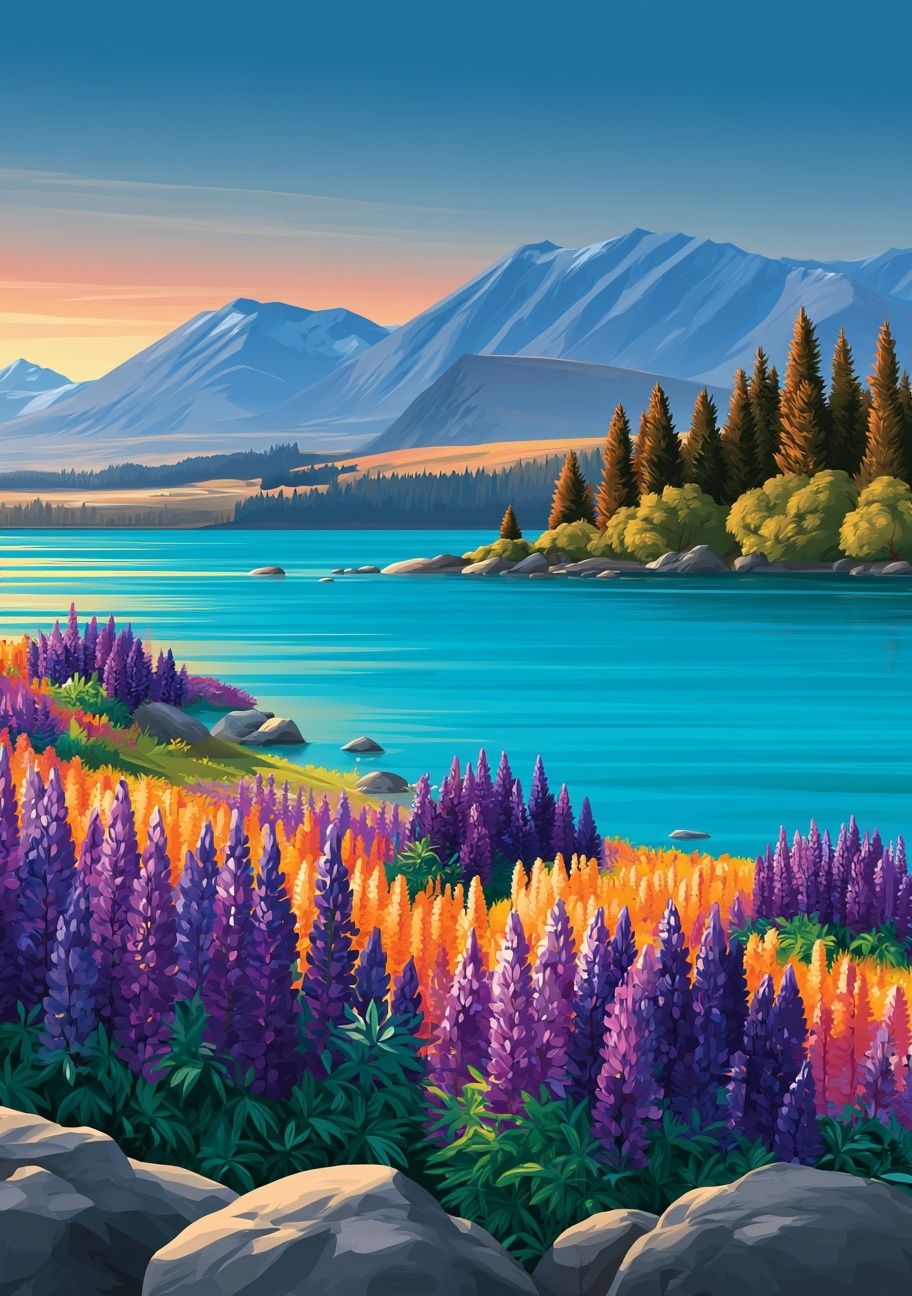 Alpine Lake Wildflower Illustration Poster. poster detail