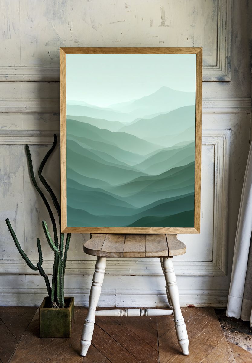 Misty Green Mountain Layers Print. — room view 1