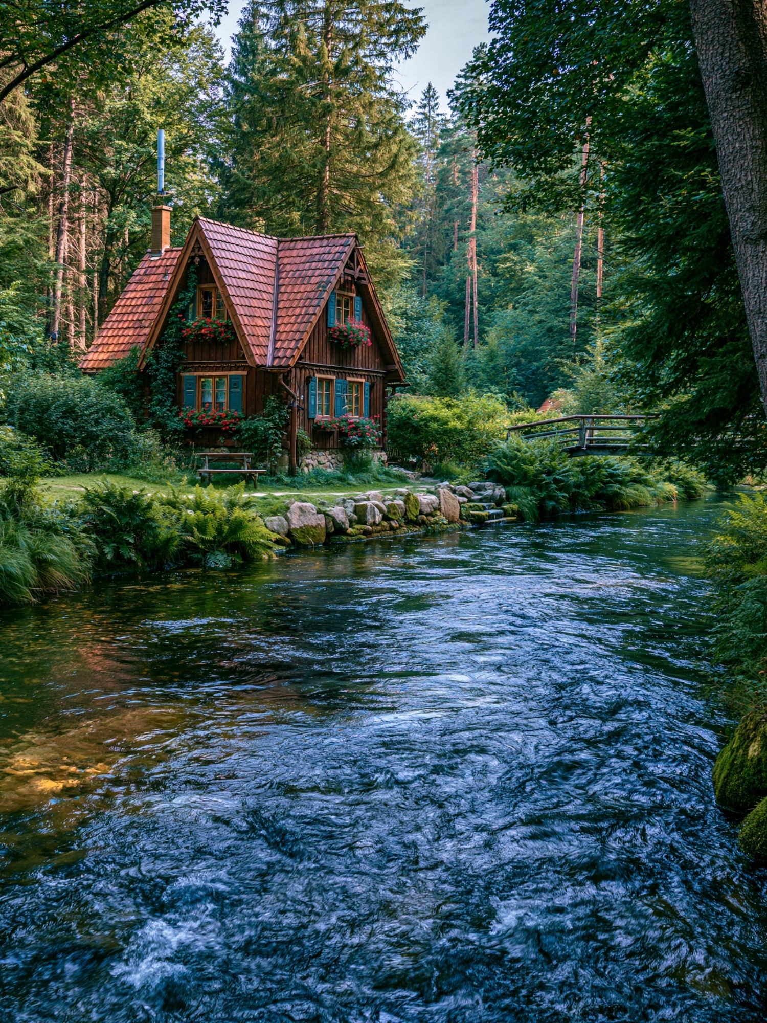 Forest Cottage River Landscape Poster. poster — nature art