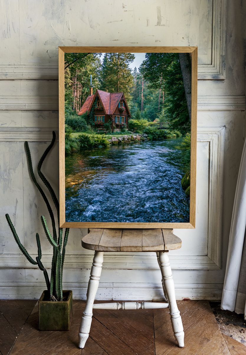 Forest Cottage River Landscape Poster. room preview