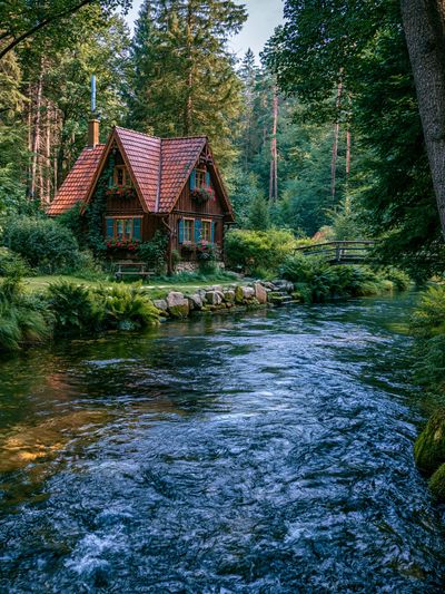 Forest Cottage River Landscape Poster. poster