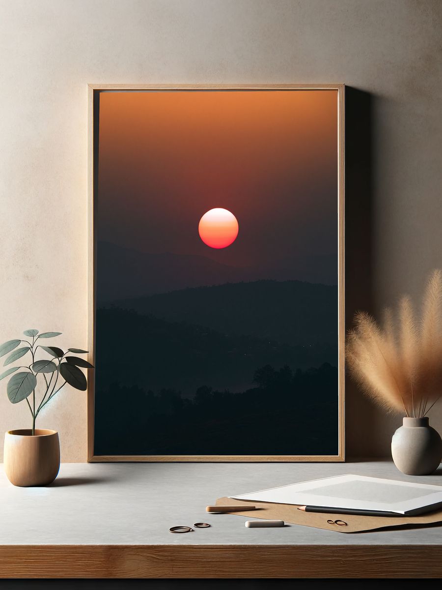 Sunset Over Misty Hills Print. — room view 2