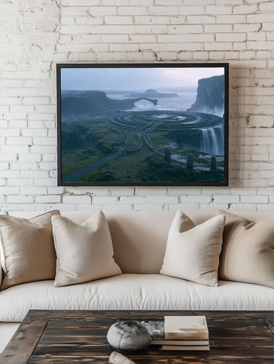 Misty Waterfall Landscape Poster. room preview