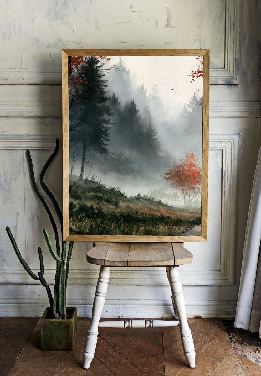 Misty Autumn Forest Watercolor Poster. room preview