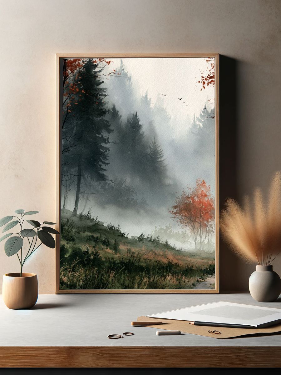 Misty Autumn Forest Watercolor Poster. — room view 2