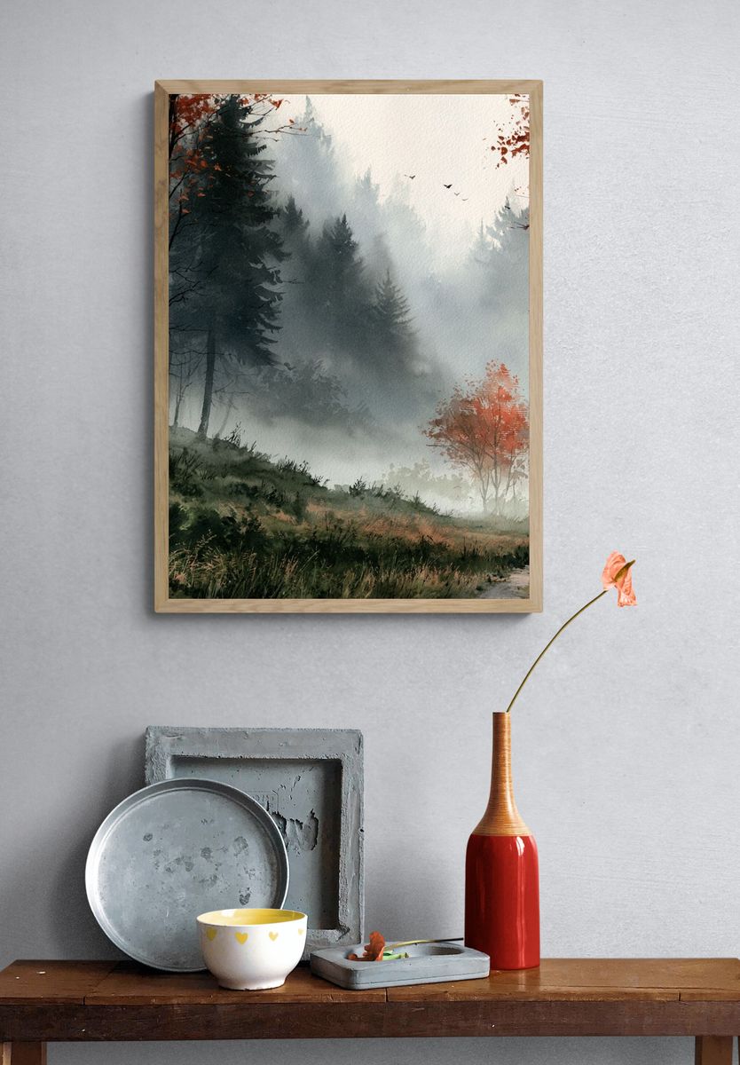 Misty Autumn Forest Watercolor Poster. — room view 3