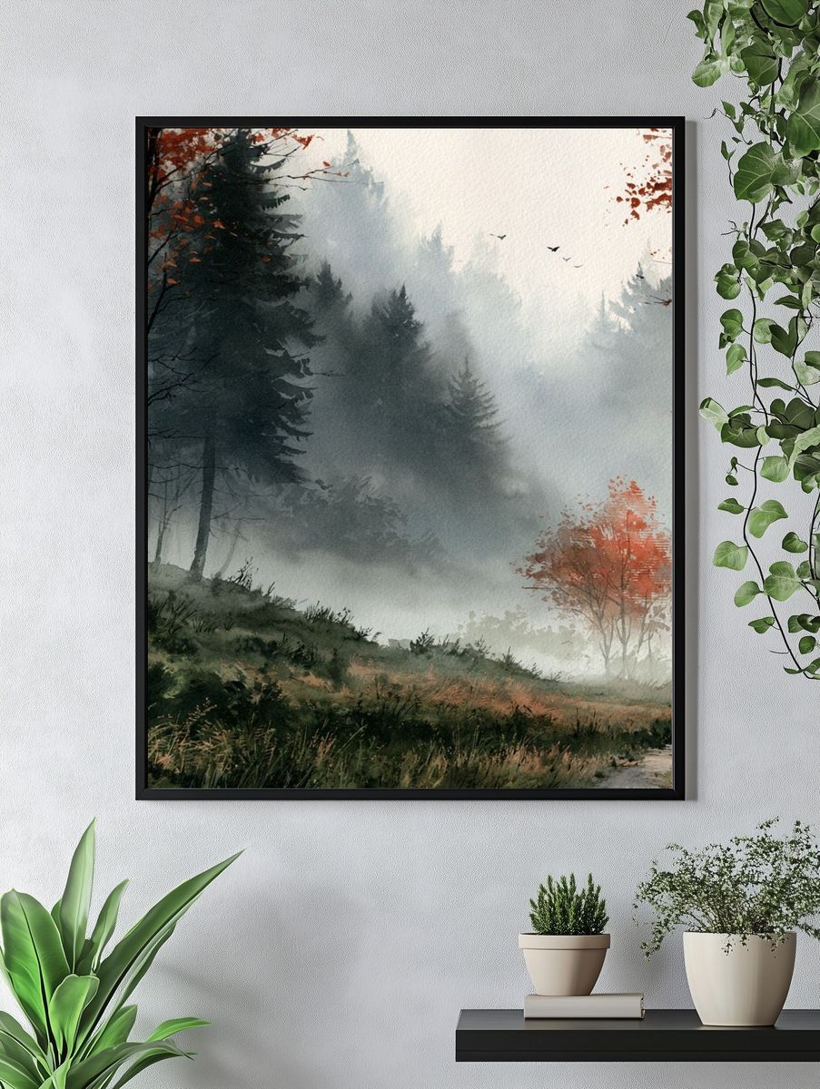 Misty Autumn Forest Watercolor Poster. — room view 4